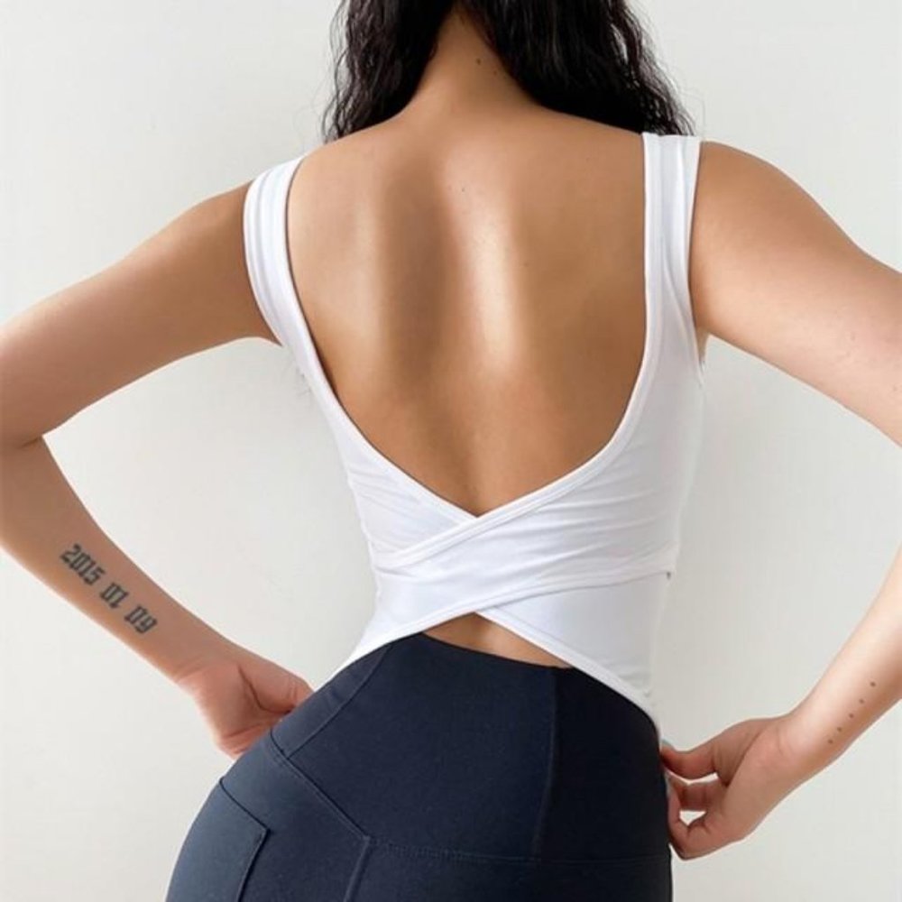 Women's Gym Backless Cross Fitness White Tank Top